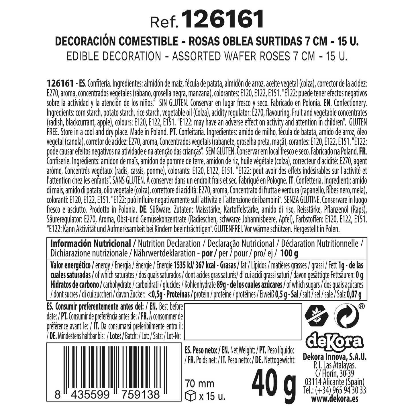 BOITE DE 15 ROSES AZYME COULEURS ASSORTIES Ø 7CM