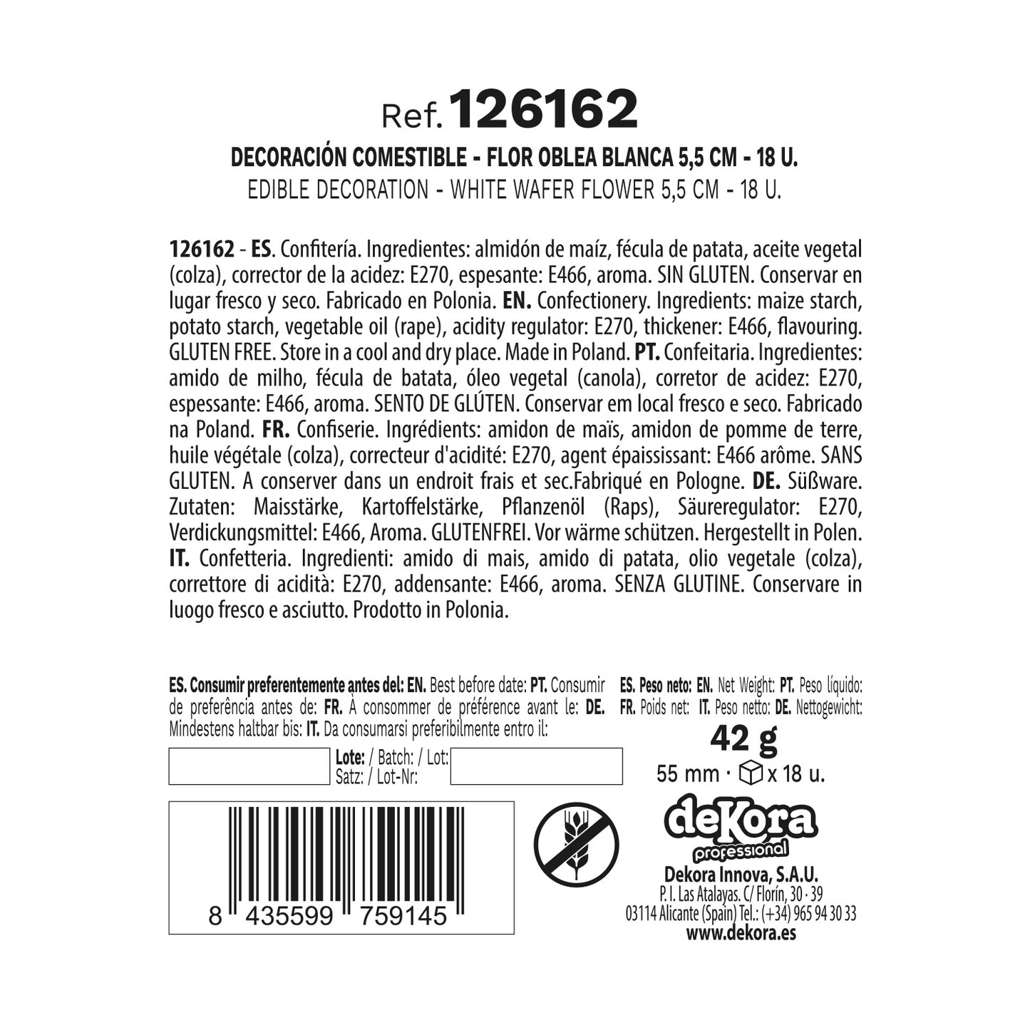 BOITE DE 18 FLEURS AZYME BLANCHE Ø 5,5CM