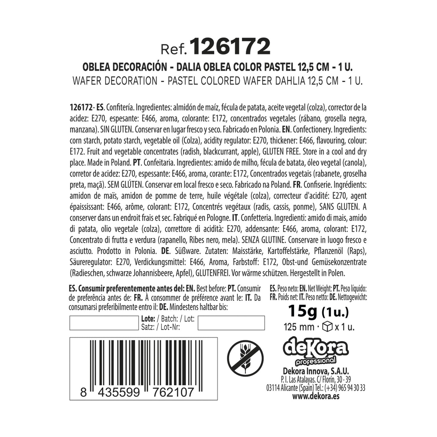 DAHLIA EN AZYME GÉANTE COULEUR PASTEL Ø 12.5CM