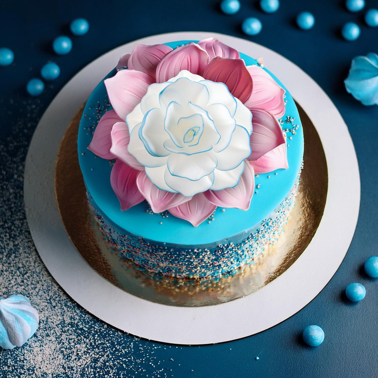 FLEUR EN AZYME AVEC BORDURE BLEUE 12,5CM