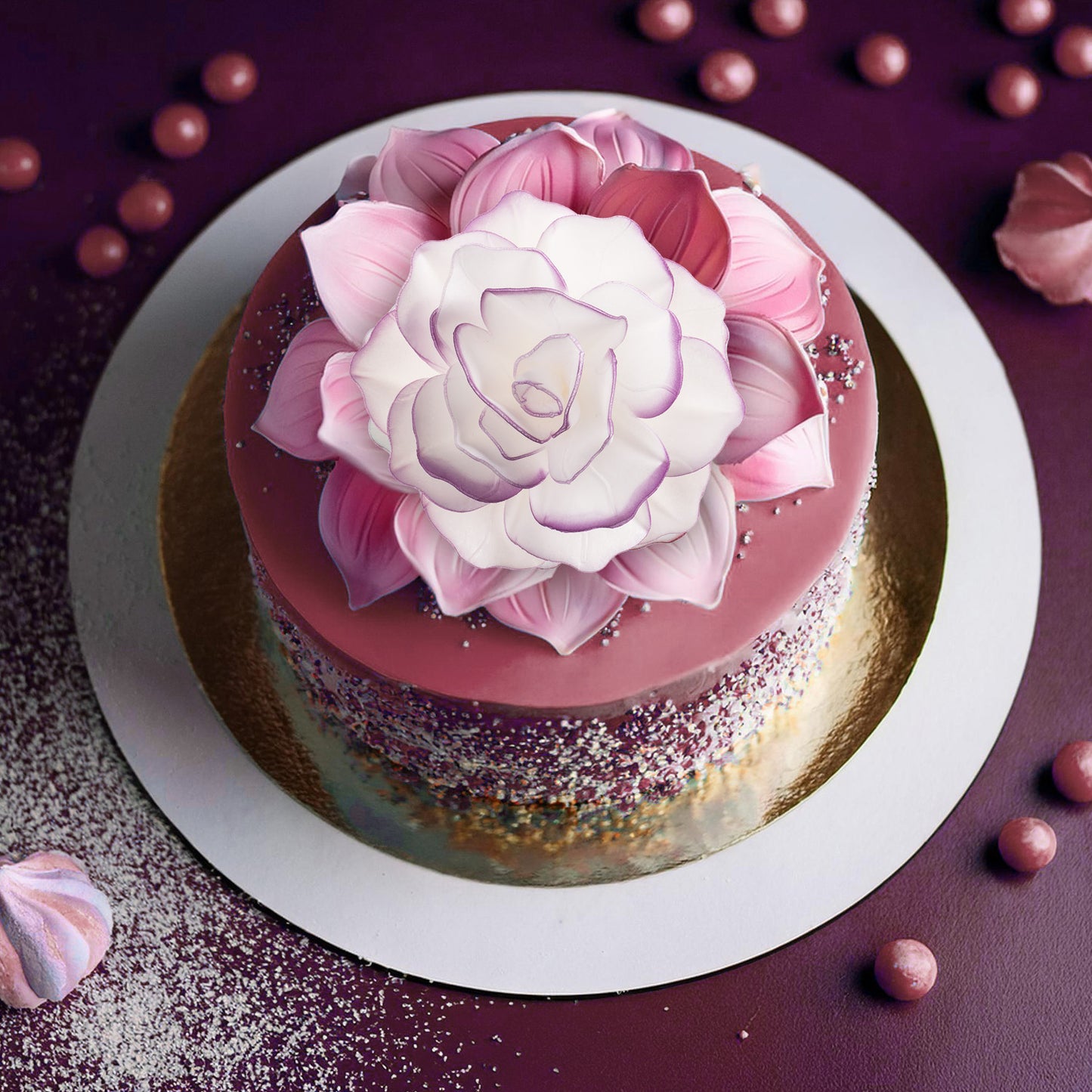 WAFER FLOWER WITH PURPLE BORDER 12,5CM