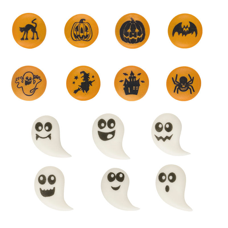 DECORATION SUCRE 2D HALLOWEEN FANTÔMES ET CITROUILLES 2 CM