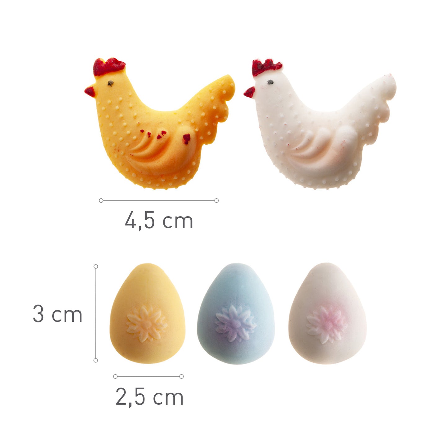 DECORACIÓN DE AZÚCAR GALLINAS Y HUEVOS 3 COLORES