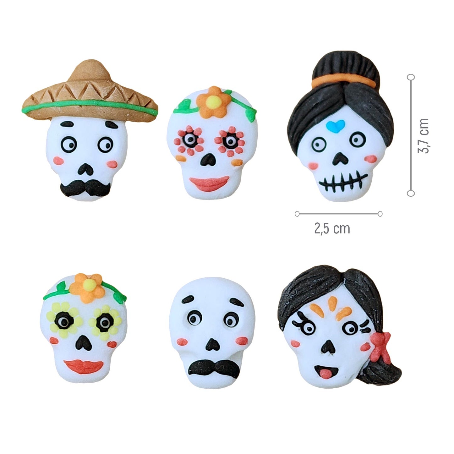 DECORACIÓN AZÚCAR CALAVERAS DE HALLOWEEN 6 DISEÑOS 3,7CM