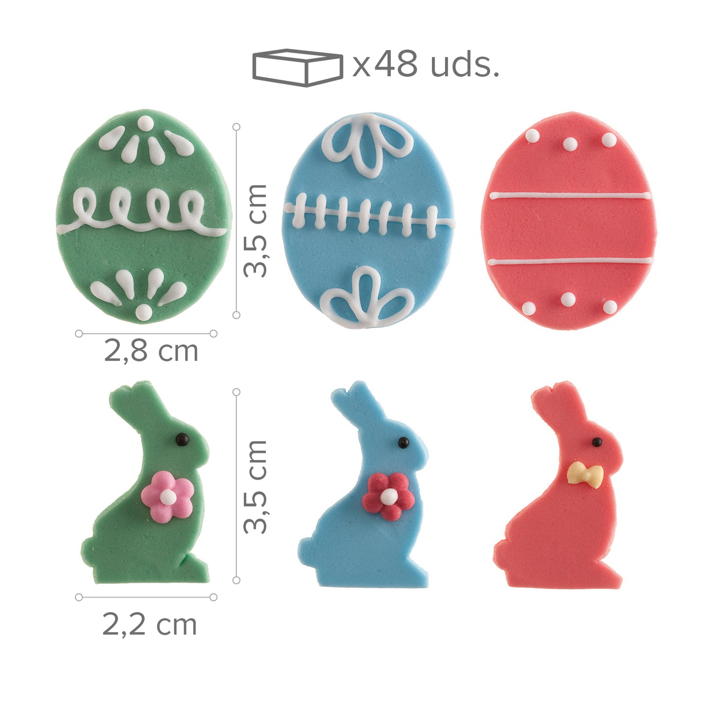 DECORACION AZUCAR 2D SURTIDO HUEVOS Y CONEJOS 48 UDS