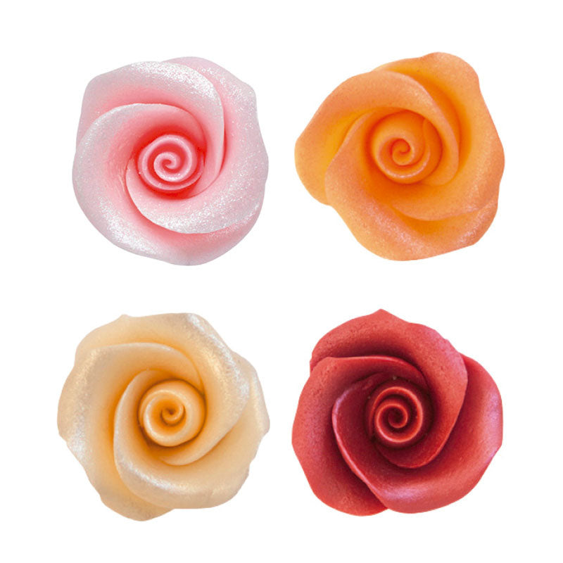 ROSES COMESTIBLES EN SUCRE 4 COULEURS PERLE ORANGE, BOURGOGNE, NUDE ET ROSE 4CM