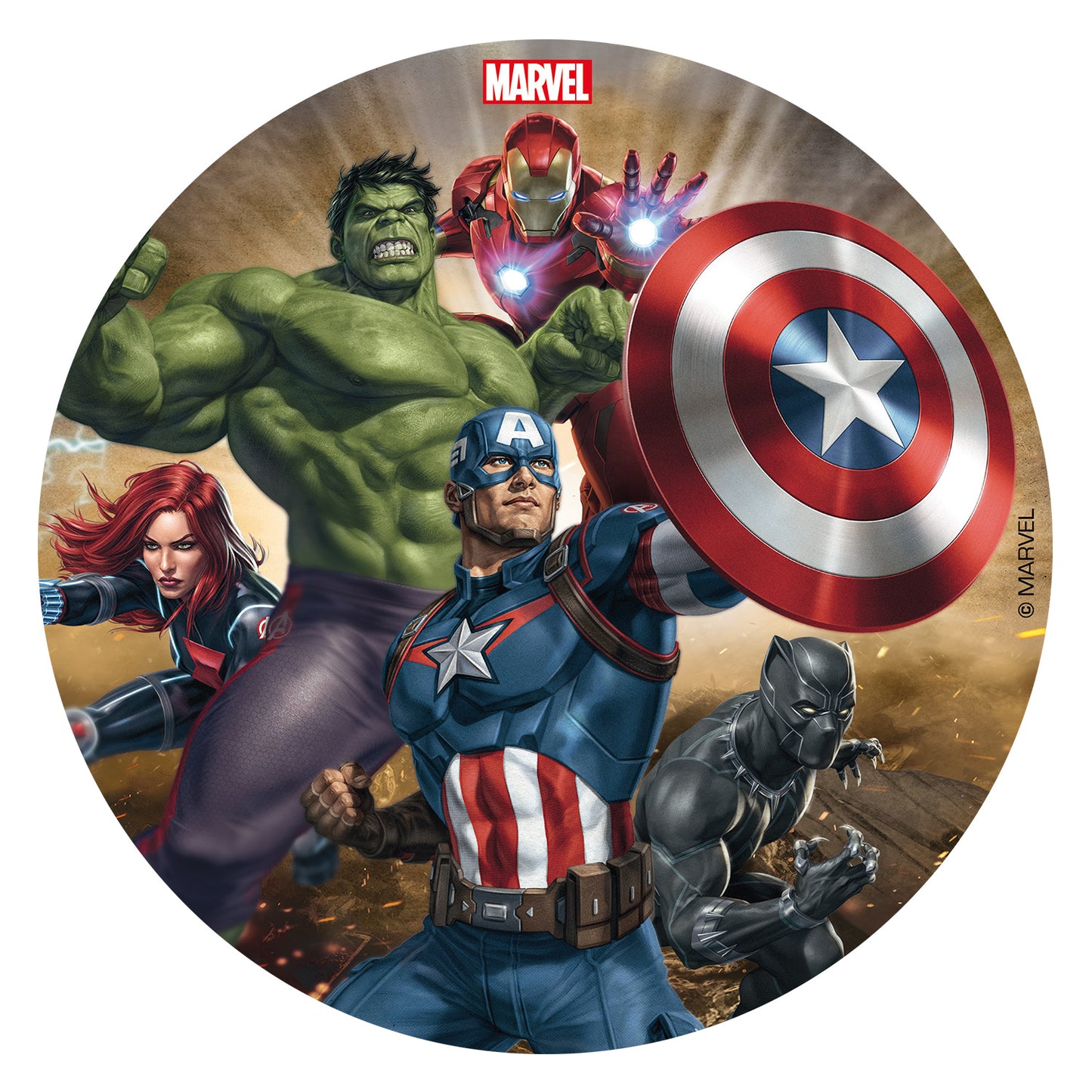 DISCO COMESTÍVEL PARA DECORAR BOLOS AVENGERS 16CM SEM AÇÚCAR
