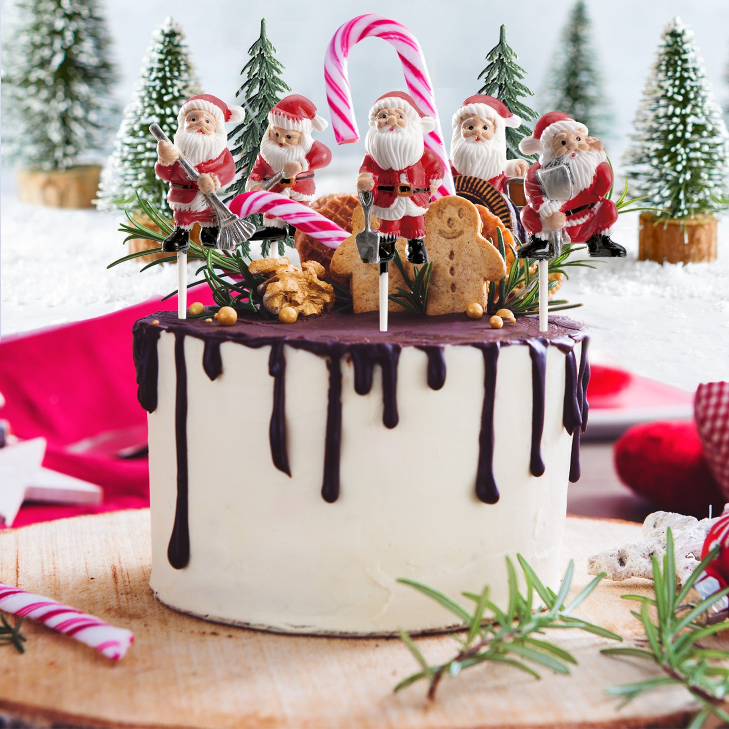 CAKE TOPPER PLASTIC FIGURE PINE AND SANTA, 6 PCS, 12 BAGS