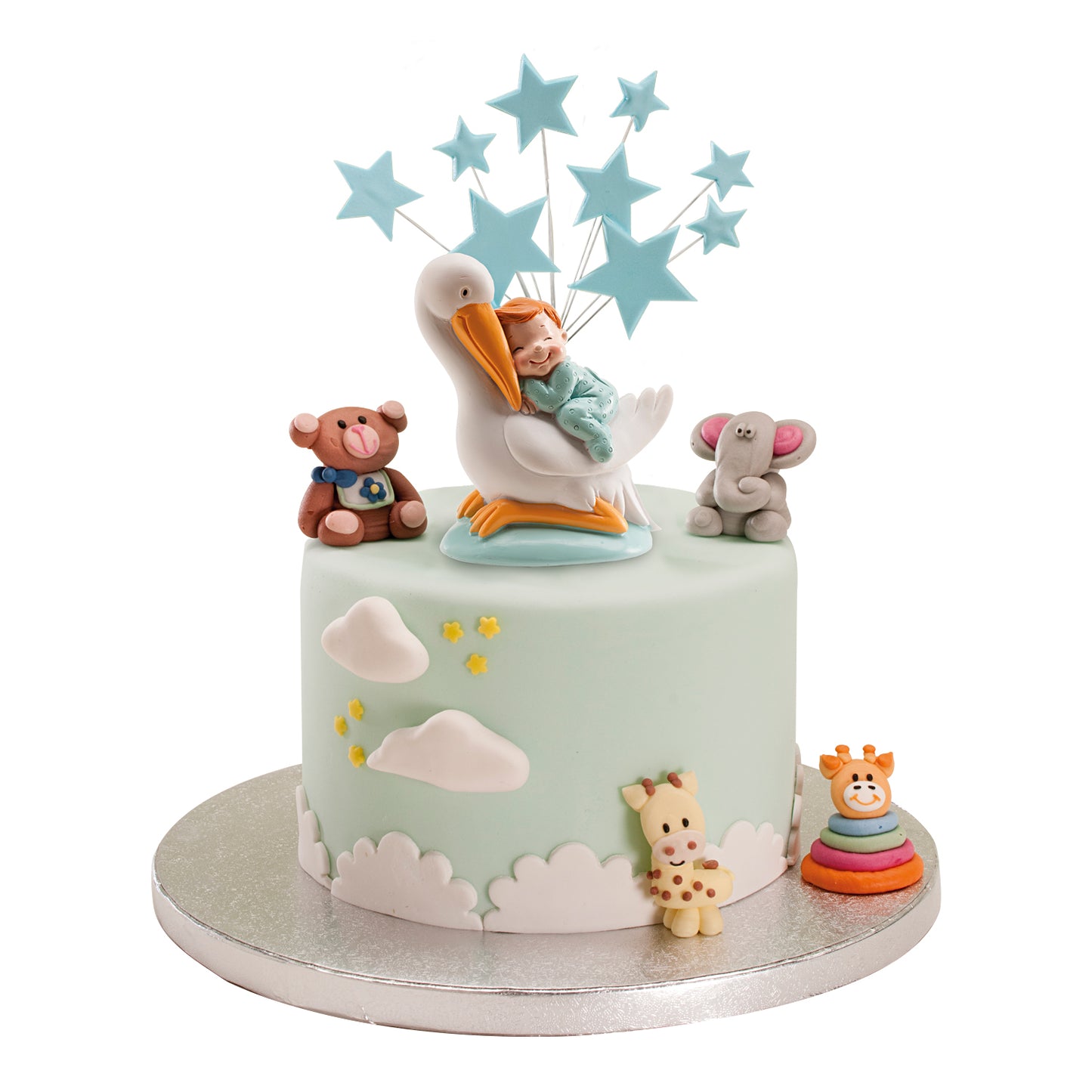 FIGURA PARA TARTA DE BAUTIZO CIGÜEÑA DORMIDA AZUL 10CM