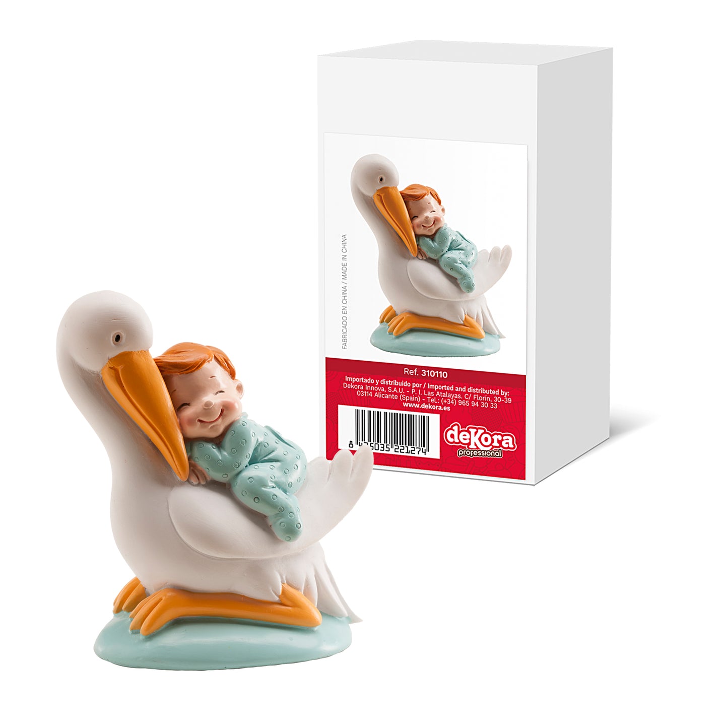 FIGURA PARA TARTA DE BAUTIZO CIGÜEÑA DORMIDA AZUL 10CM