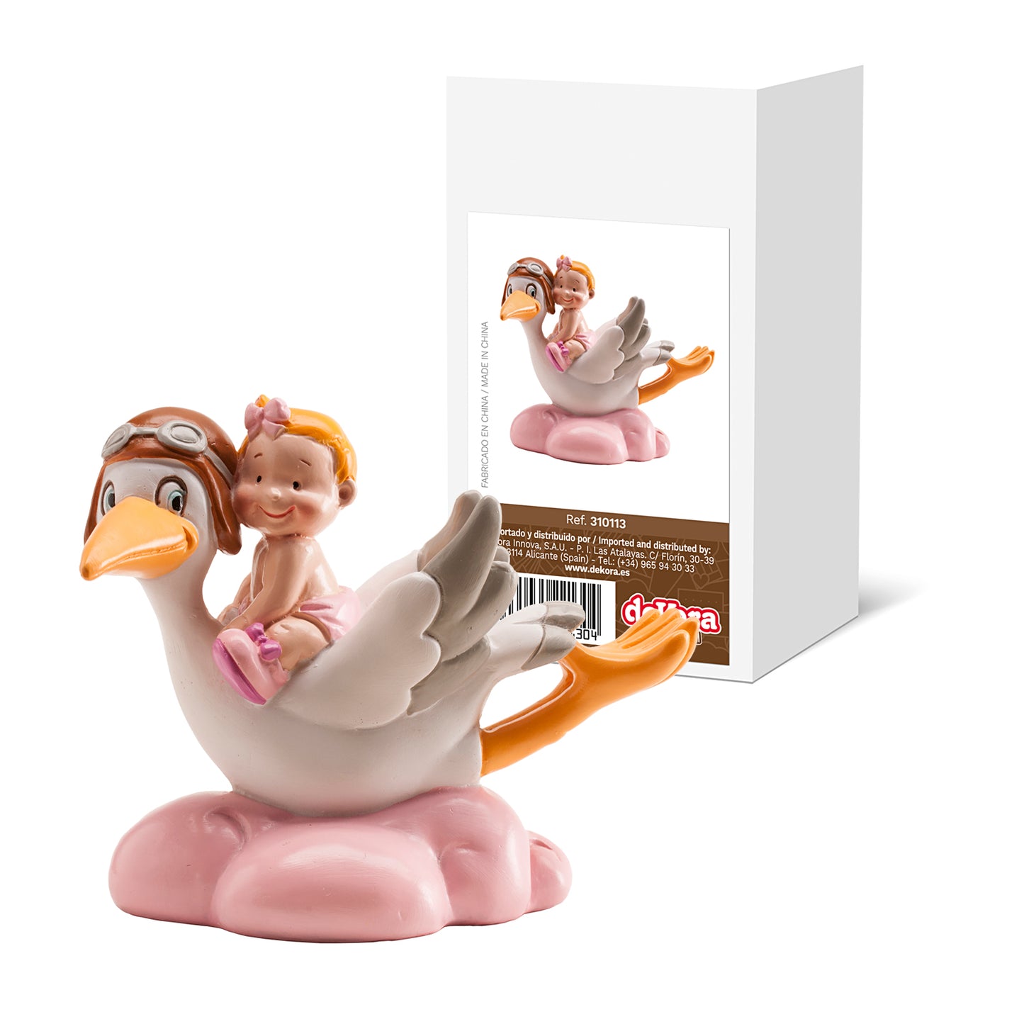 FIGURA PARA TARTA DE BAUTIZO CIGÜEÑA VOLANDO ROSA 10CM