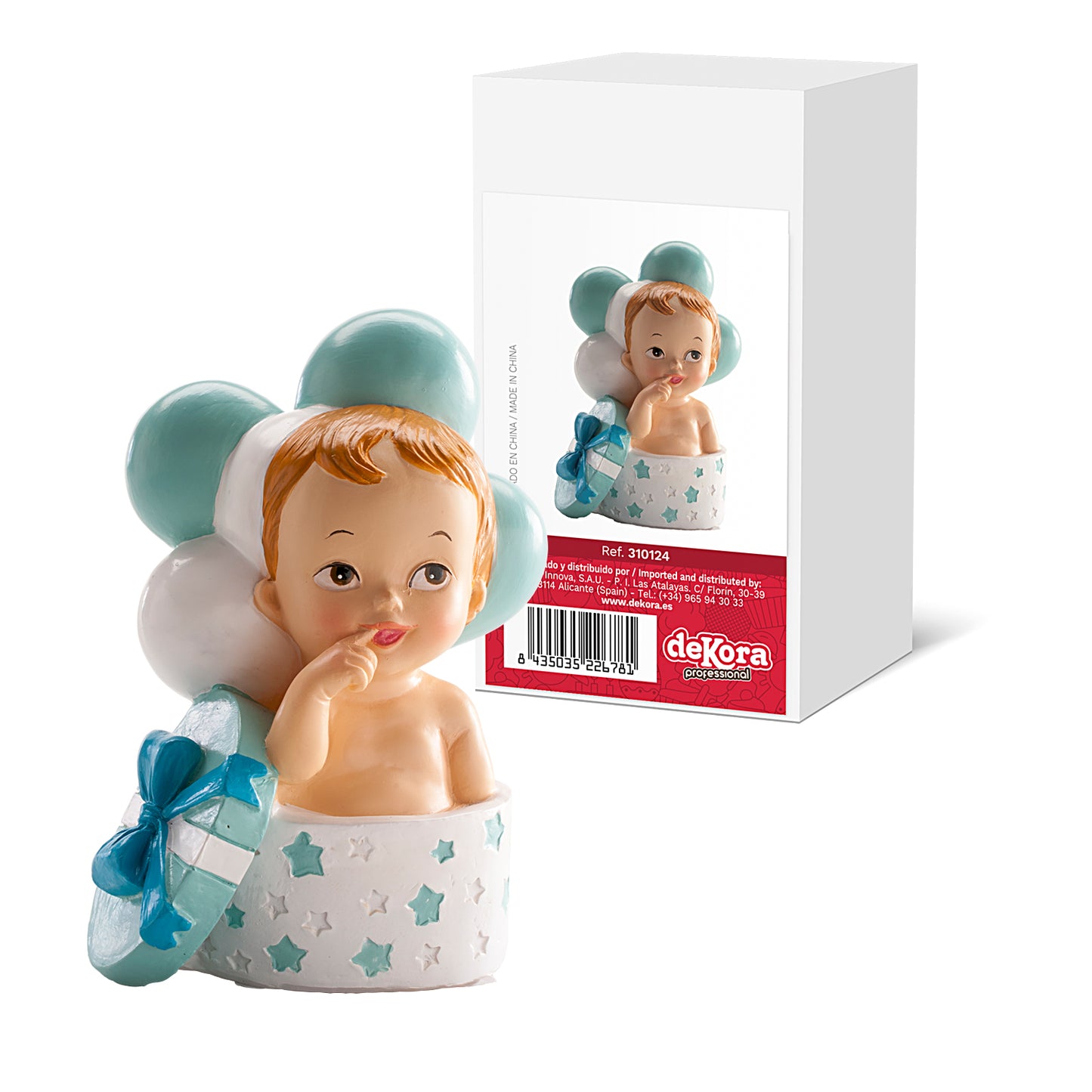 FIGURA TARTA BAUTIZO BEBÉ REGALO Y GLOBOS AZUL 10,5 CM