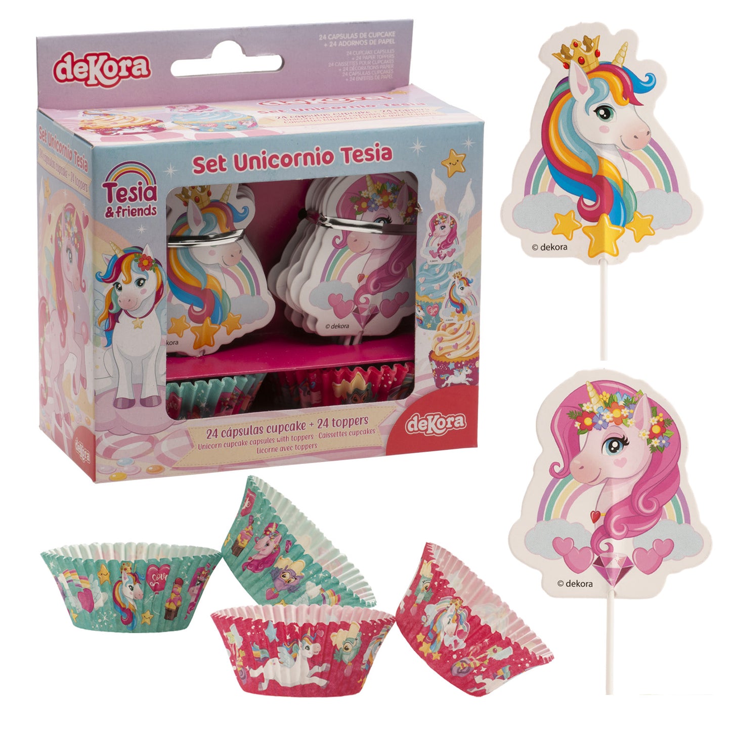 KIT DECO 24 CAISSETTES POUR CUPCAKES AVEC 24 TOPPERS LICORNE