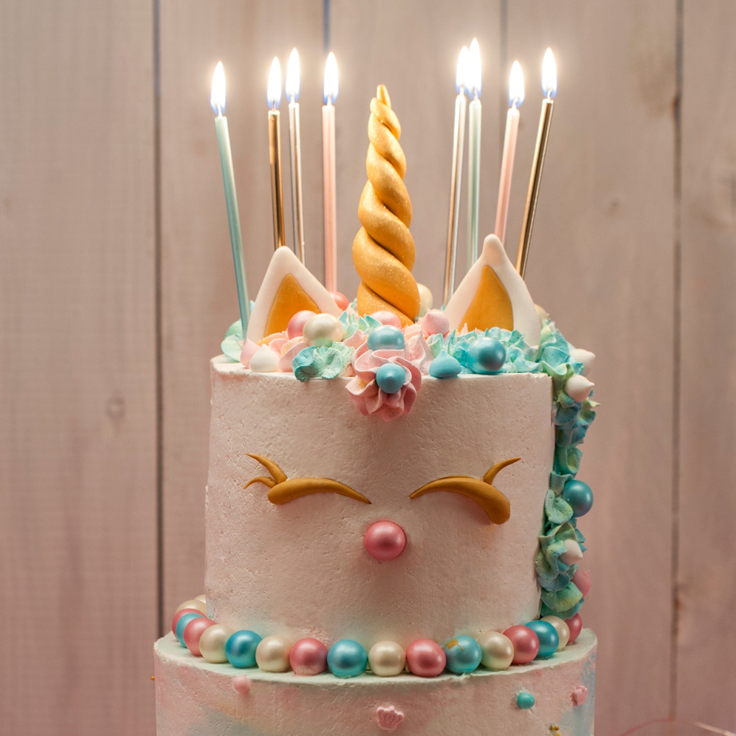 BLISTER 16 BOUGIES ANNIVERSAIRE METALLIQUES OR, ARGENT, ROSE ET BLEU 13 CM