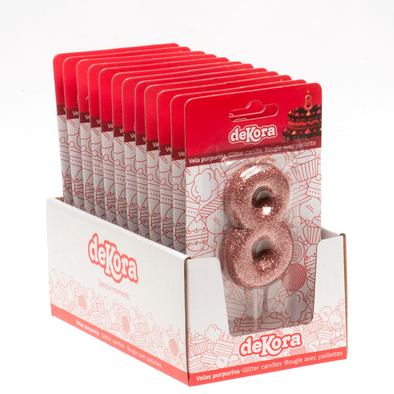 DISPLAY 12 GLITTER PINK GOLD BIRTHDAY CANDLES Nº 8