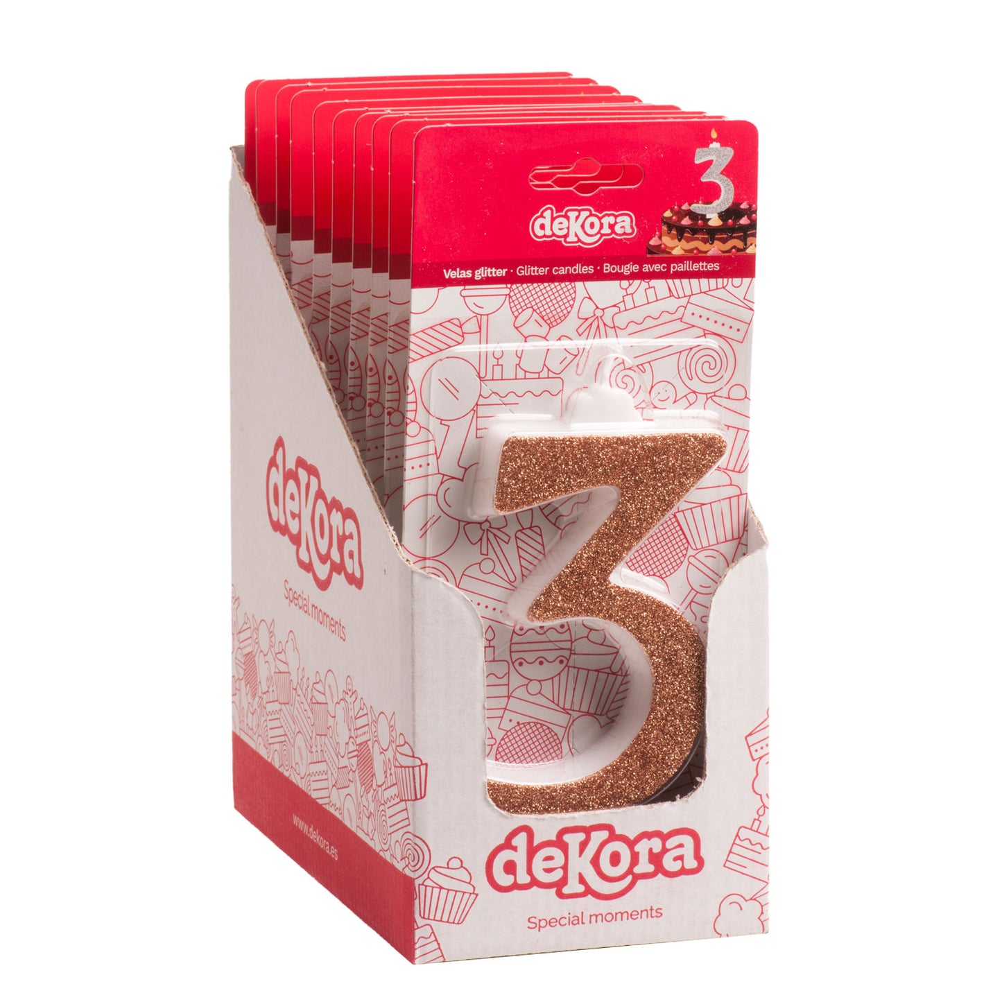 DISPLAY 10 GOLDEN GLITTER BIRTHDAY BIG CANDLES Nº 3 13 CM