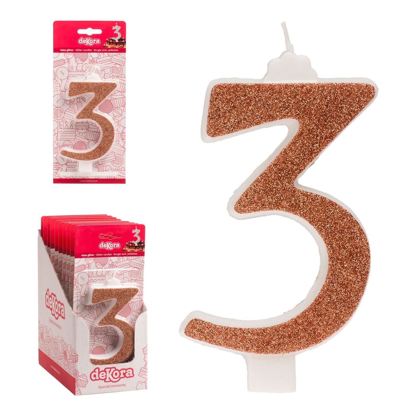 DISPLAY 10 GOLDEN GLITTER BIRTHDAY BIG CANDLES Nº 3 13 CM