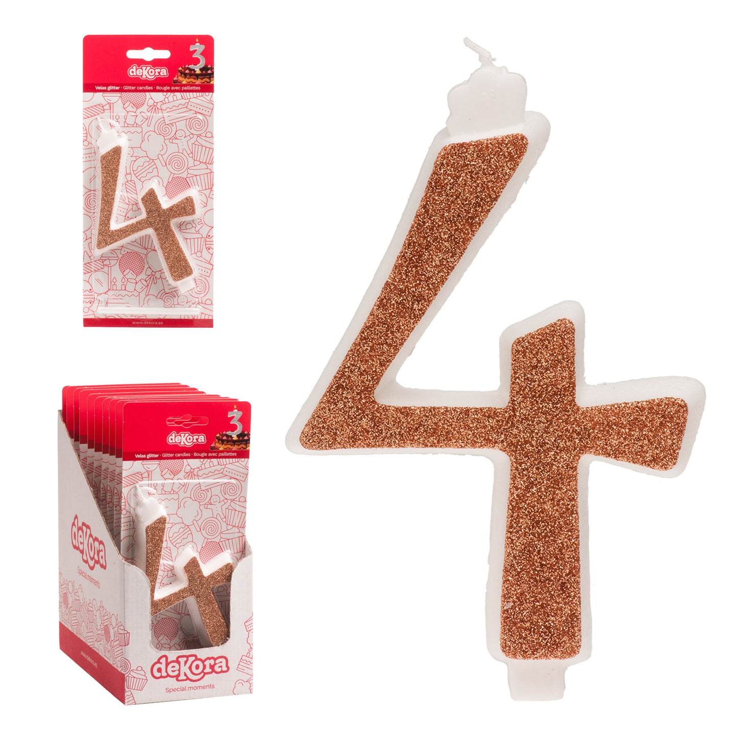DISPLAY 10 GOLDEN GLITTER BIRTHDAY BIG CANDLES Nº 4 13 CM