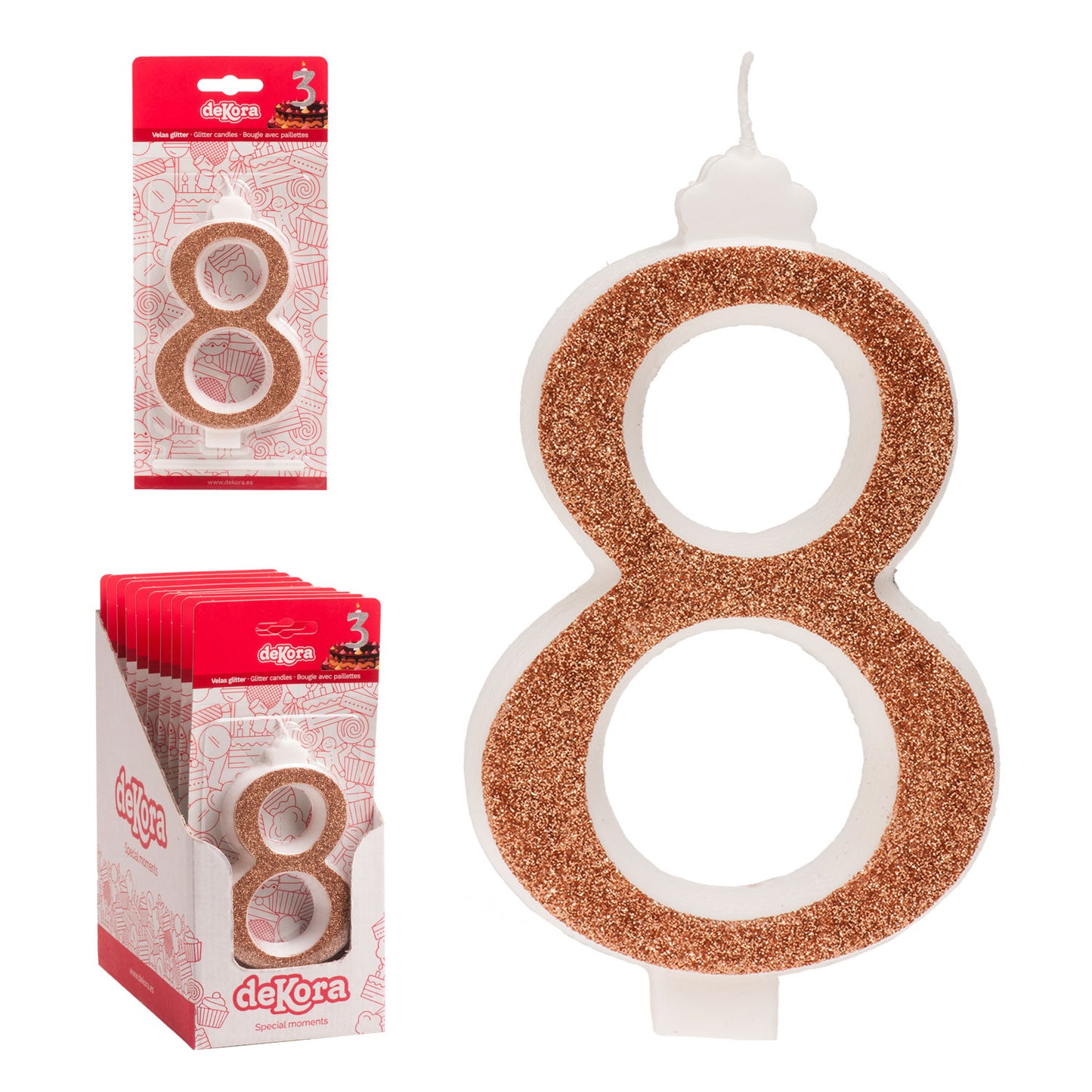 DISPLAY 10 GOLDEN GLITTER BIRTHDAY BIG CANDLES Nº 8 13 CM