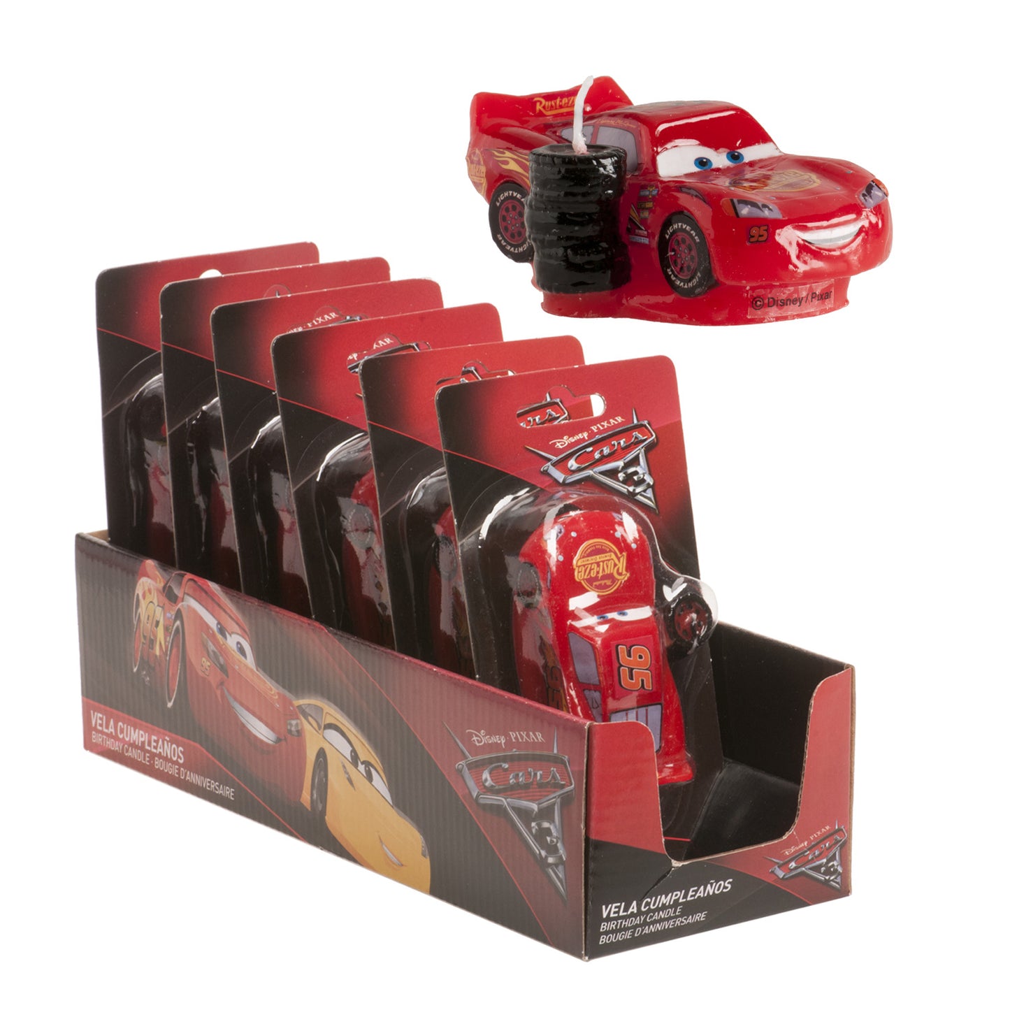 DISPLAY 6 3D BIRTHDAY CANDLES CARS 8,5CM