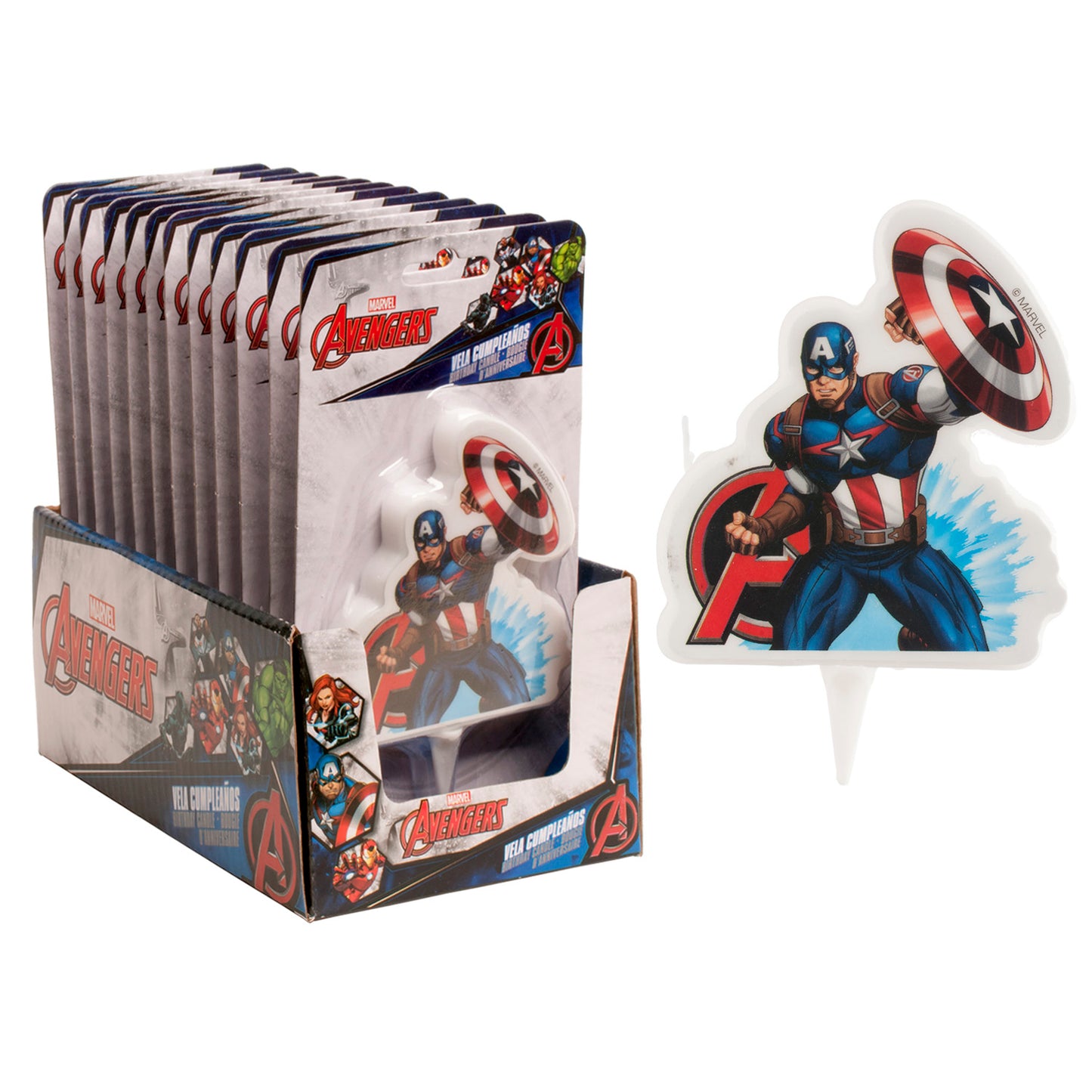 DISPLAY 12 VELAS ANIVÉRSARIO 2D "AVENGERS" CAPITÁN AMÉRICA 7,5 CM