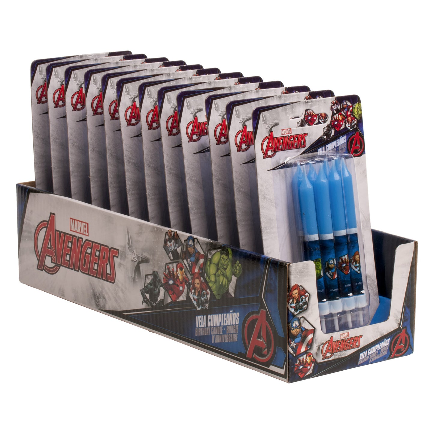 DISPLAY 12 BLISTER 8 VELAS PALITOS ANIVERSÁRIO OS VINGADORES 9CM