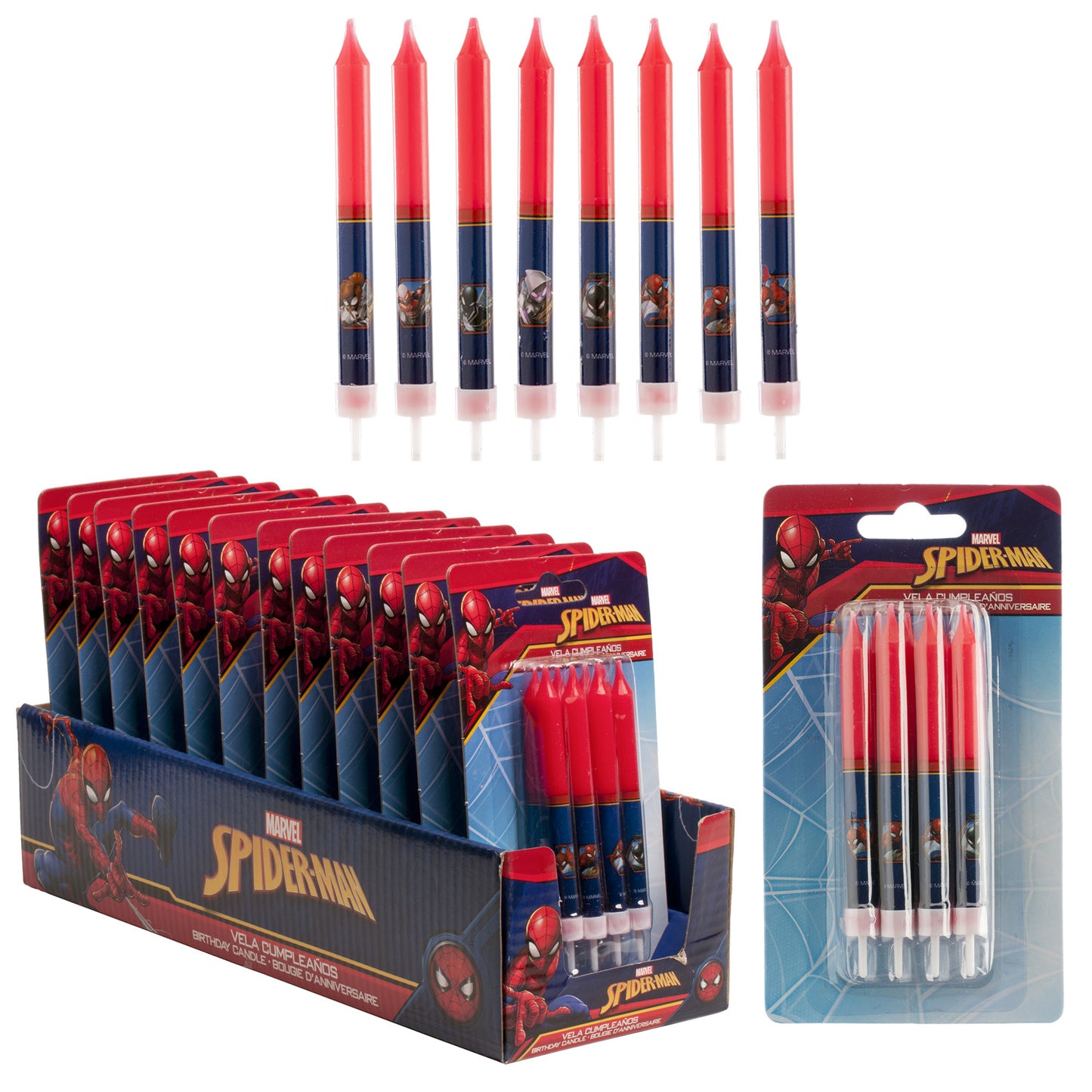 DISPLAY 12 BLISTERS 8 VELAS CUMPLEAÑOS PALILLO SPIDERMAN 9 CM
