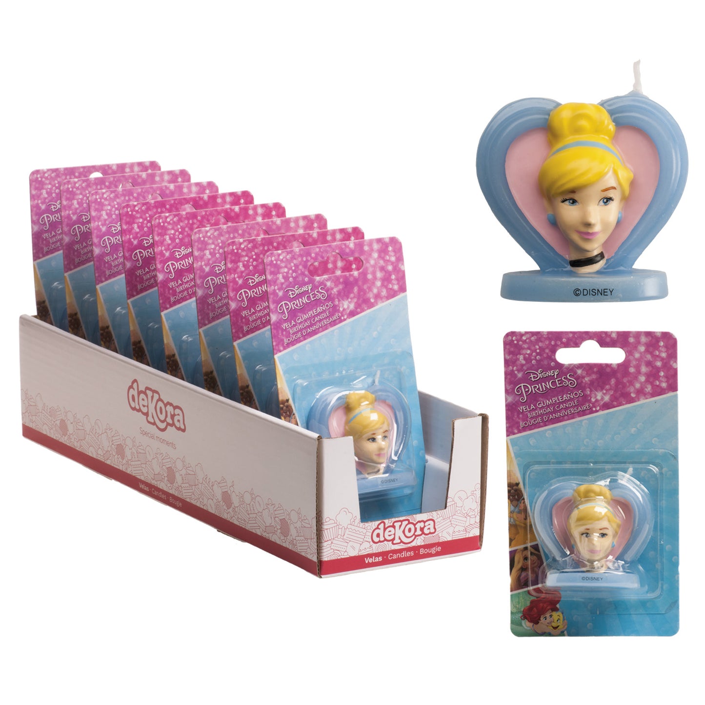 DISPLAY 8 VELAS CUMPLEAÑOS 3D CENICIENTA CORAZÓN 5,5 CM