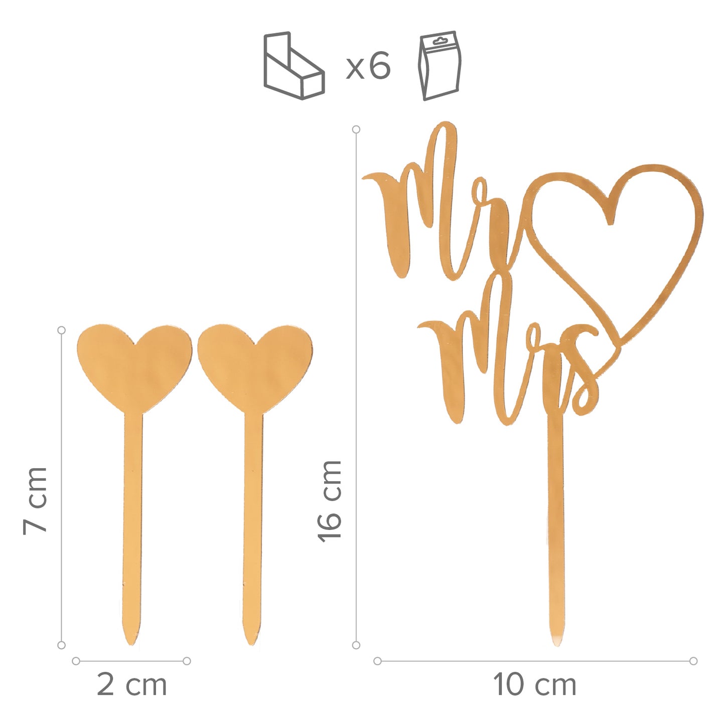 CAKE TOPPER MR AND MRS Y 2 CORAZÓN DORADO 10X16CM - 2.5X7C