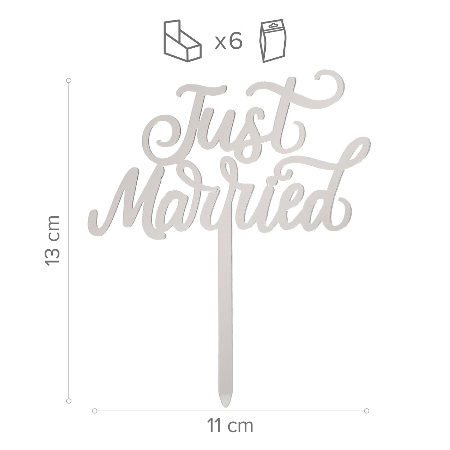 DÉCORATION DE GÂTEAU JUST MARRIED ARGENTÉ 11X13CM