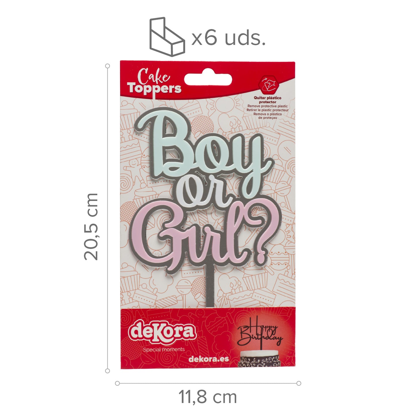CAKE TOPPER BOY OR GIRL PLATA, ROSA Y AZUL 10,5X16,5CM