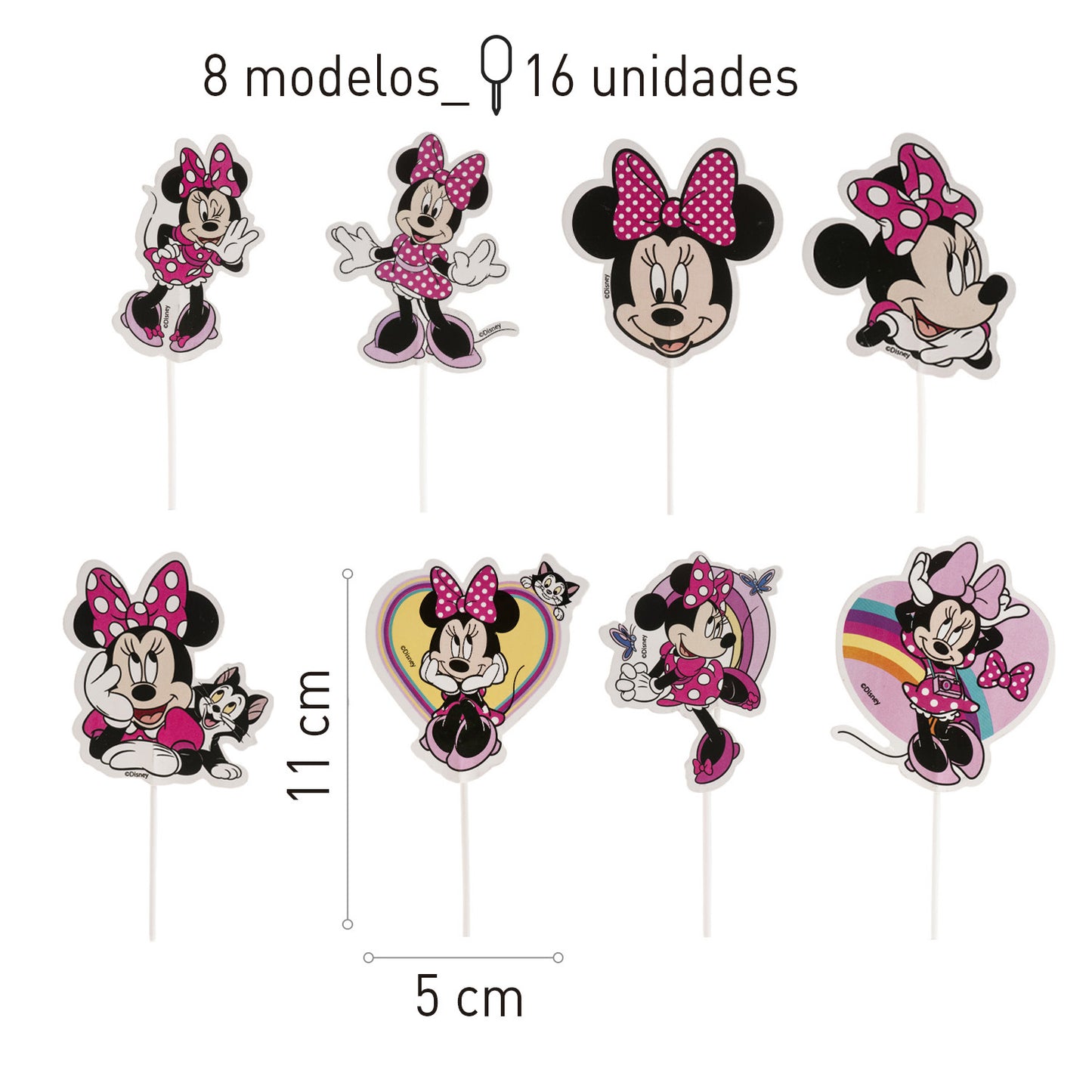 CAKE TOPPERS PAPEL MINNIE MOUSE 8 MODELOS 16 UNIDADES
