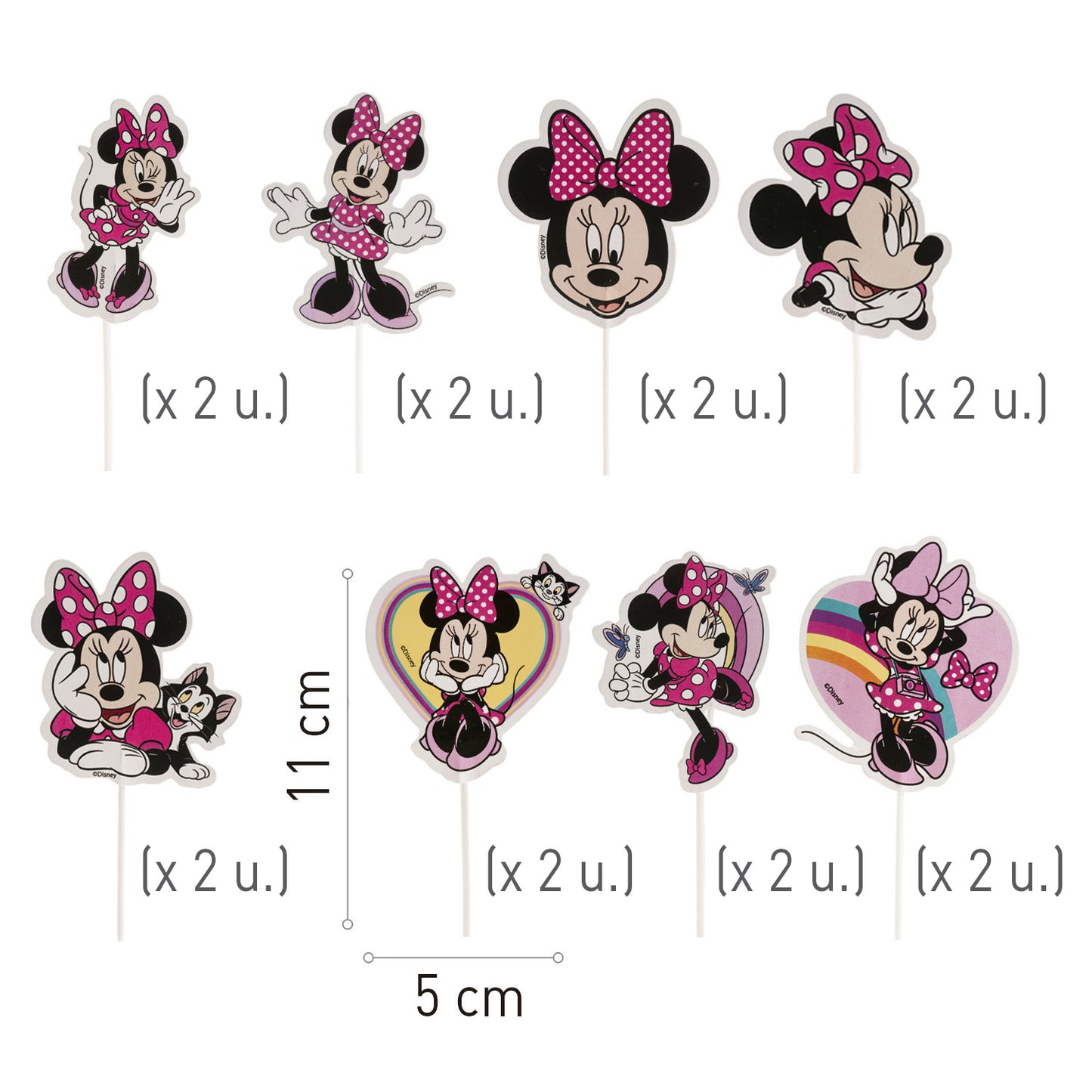 CAKE TOPPERS PAPEL MINNIE MOUSE 8 MODELOS 16 UNIDADES