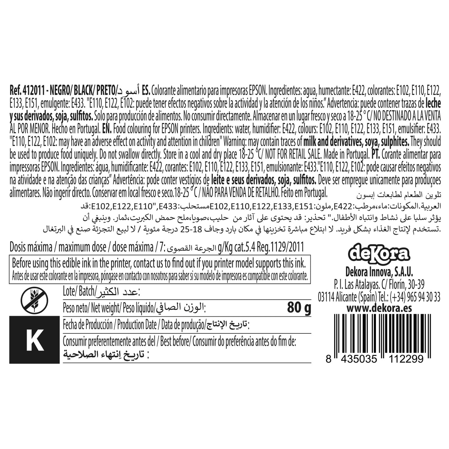 BOTE COLORANTE NEGRO 80CC PARA CARTUCHOS EPSON