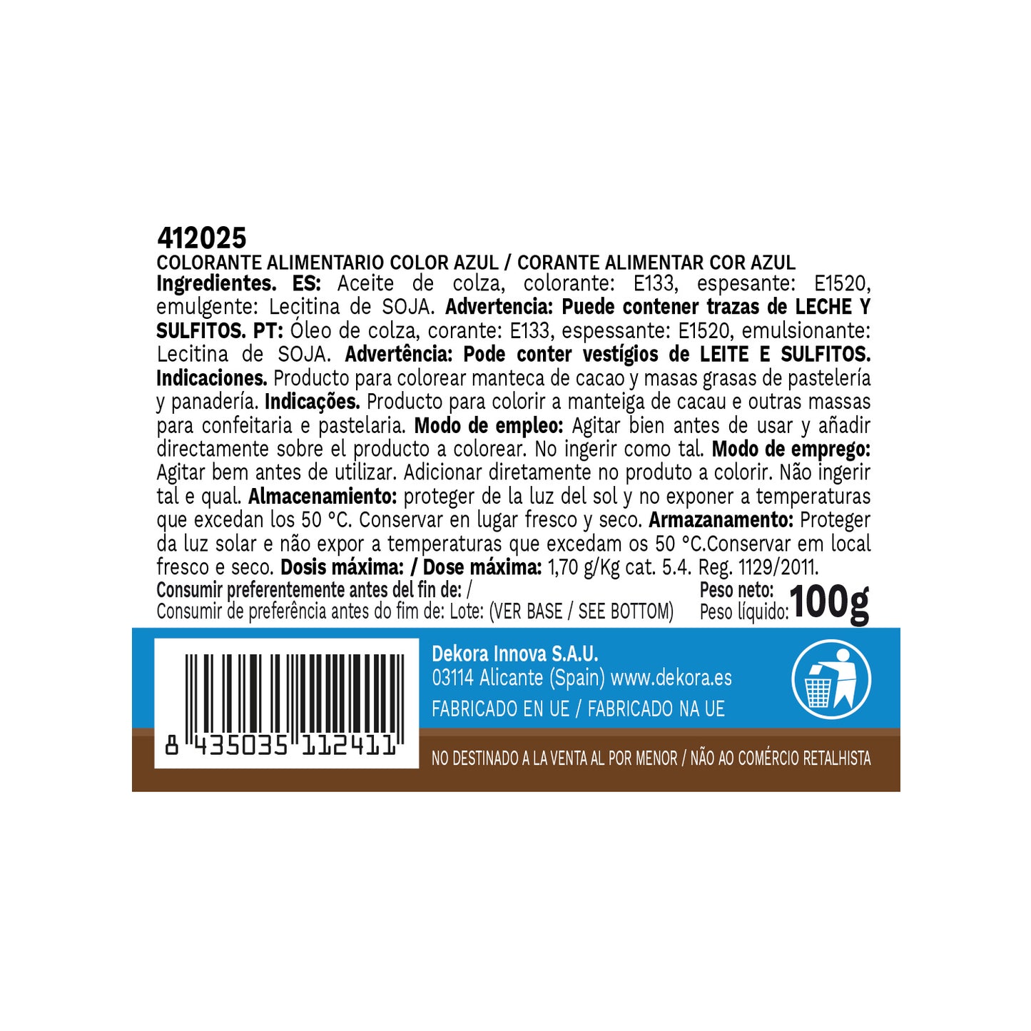 COLORANTE ALIMENTARIO LÍQUIDO LIPOSOLUBLE AZUL 100 GR