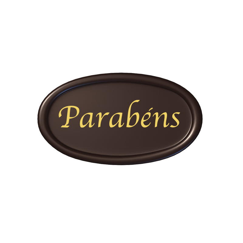 LETRERO CHOCOLATE OVALADO PARABENS SIN E171 | 46X26MM