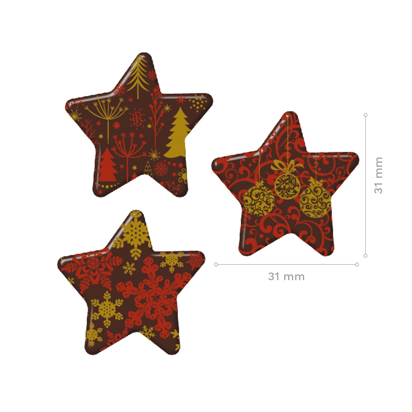 ÉTOILES DÉCORÉES DE NOËL EN CHOCOLAT NOIR 31X31MM