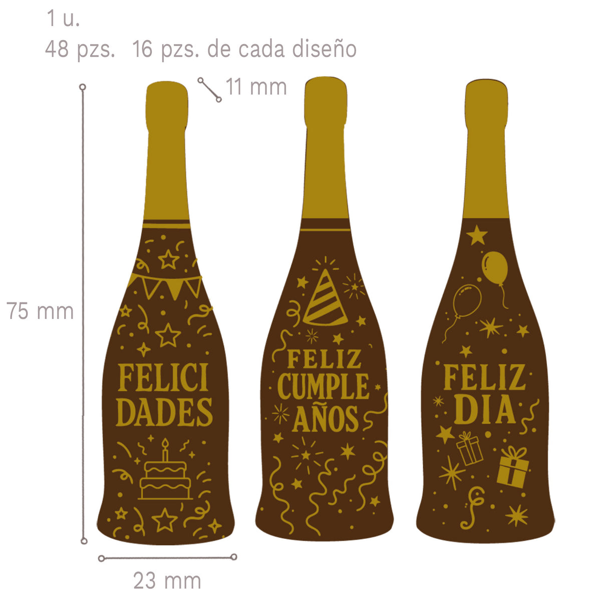 LETRERO CHOCO NEGRO BOTELLA FELIZ CUMPLEAÑOS 3 MOD 48UDS