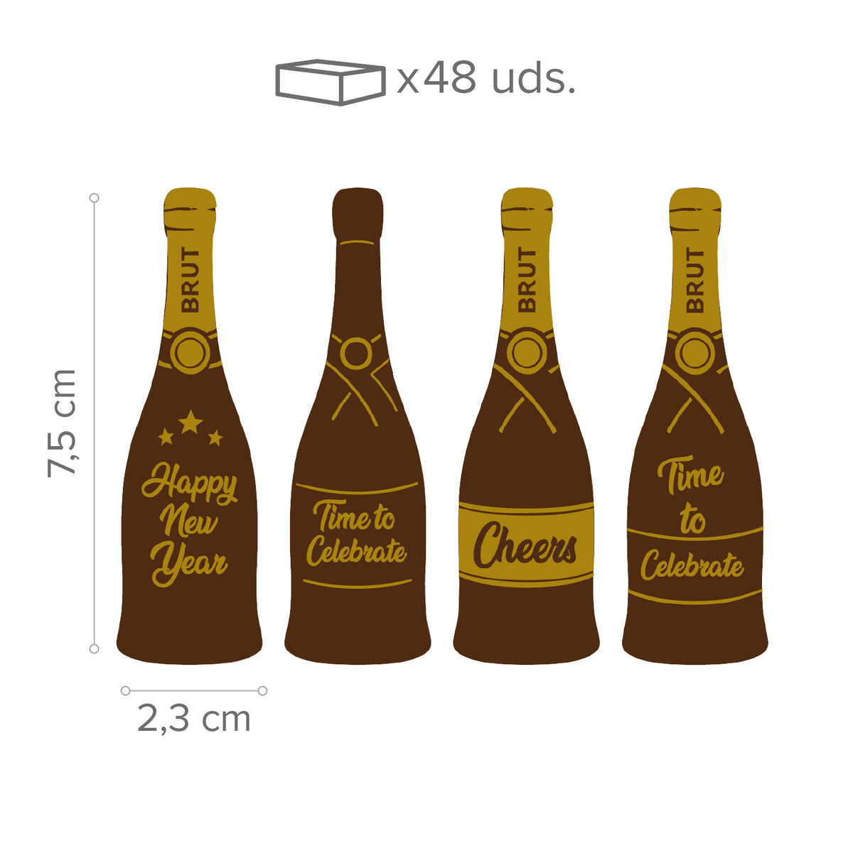 DECORACION CHOCOLATE NEGRO BOTELLA CAVA HAPPY NEW YEAR 48UDS