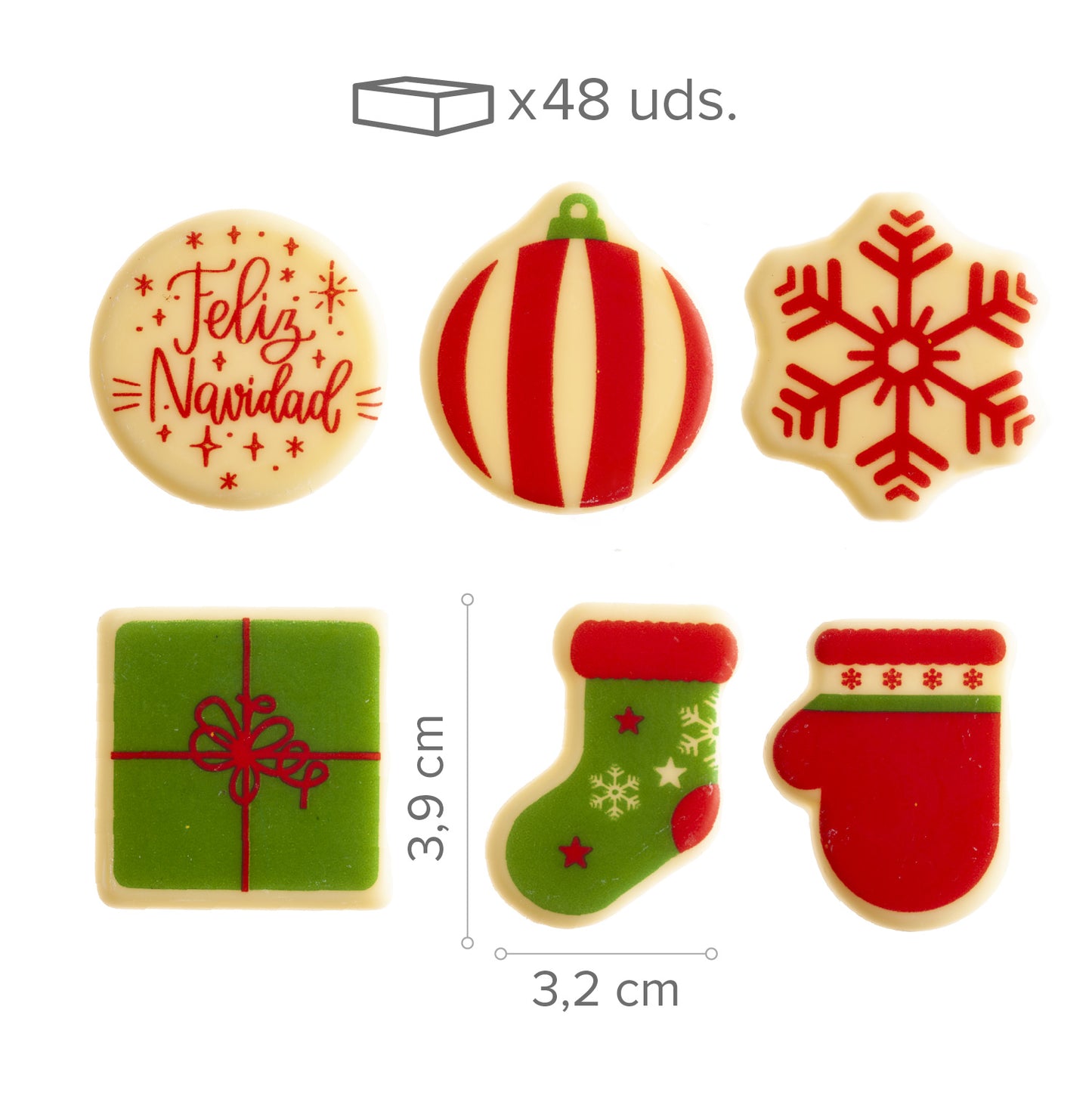DECORAZIONE CIOCCOLATO BIANCO ASSORTITO ROSSO E VERDE 6 MODELLI 48 UNITÀ