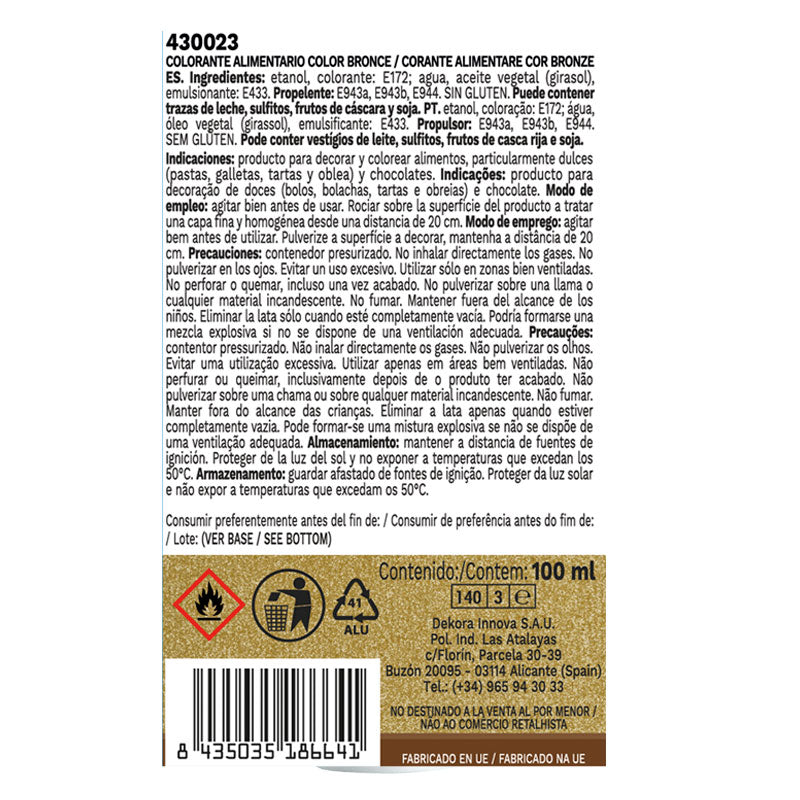 SPRAY ALIMENTAIRE COULEUR BRONZE MÉTALLISÉ 100 ML