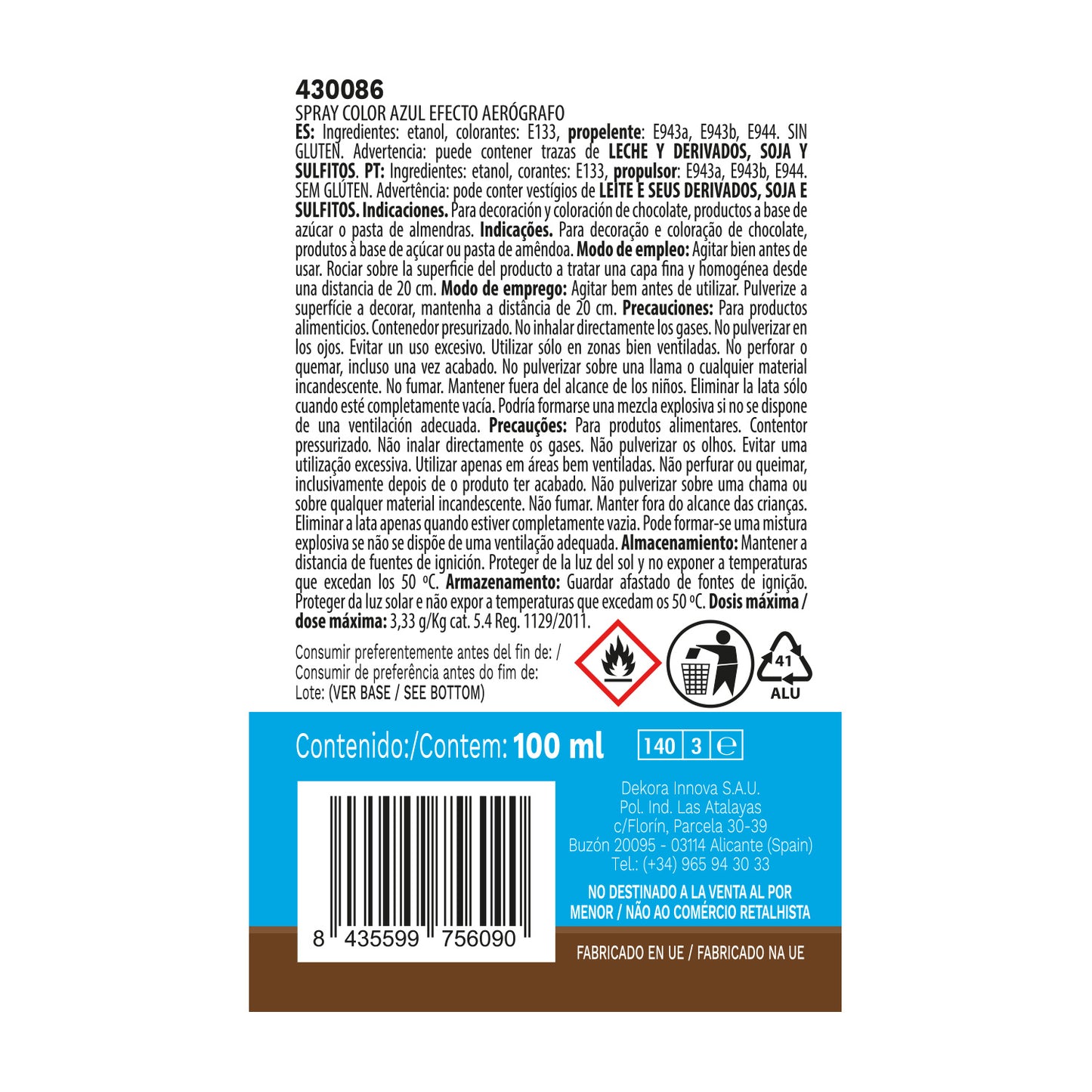 SPRAY ALIMENTAIRE EFFET AÉROGRAPHE BLEU 100ML SANS E171