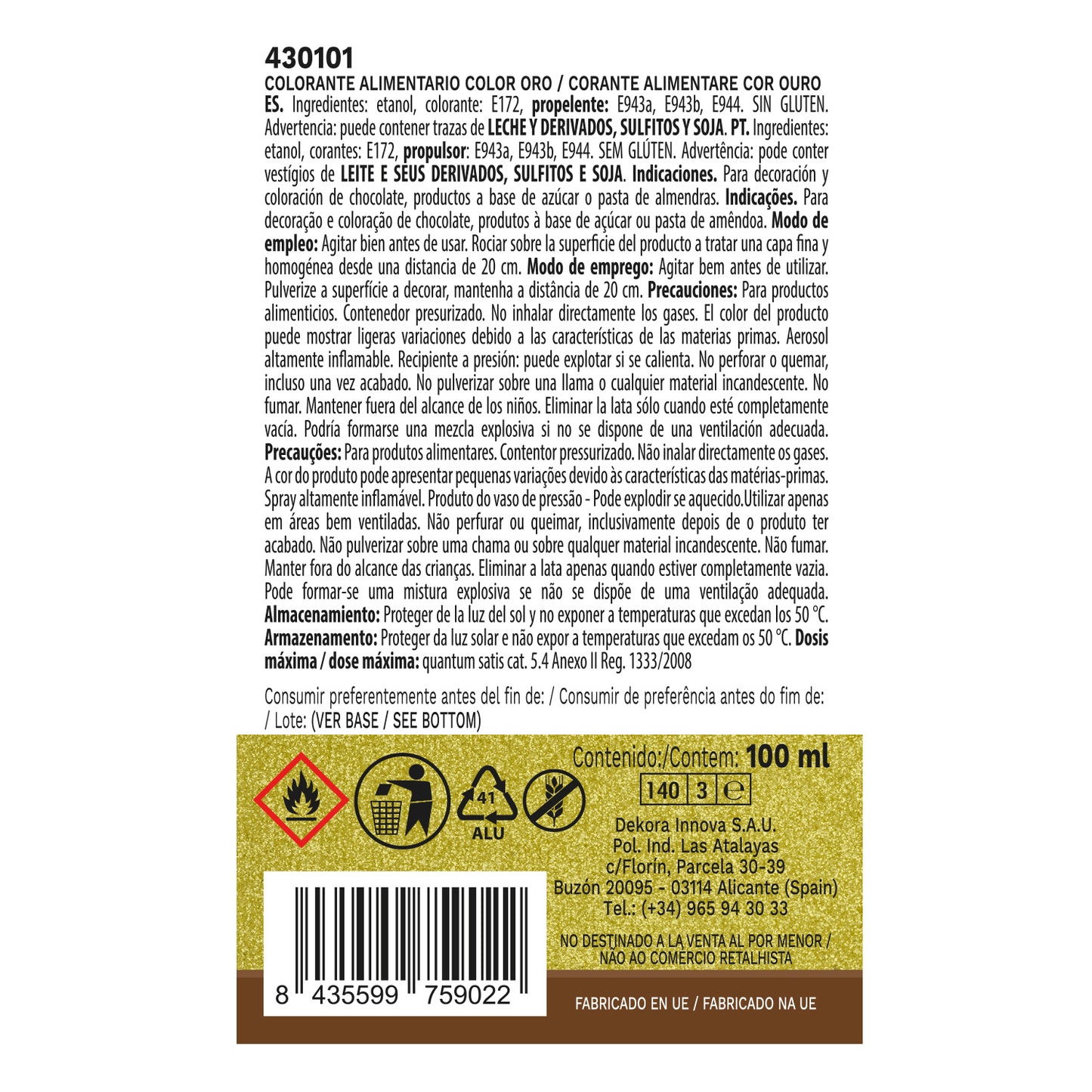 SPRAY ALIMENTAIRE OR EFFET PERLE 100ML E171 FREE