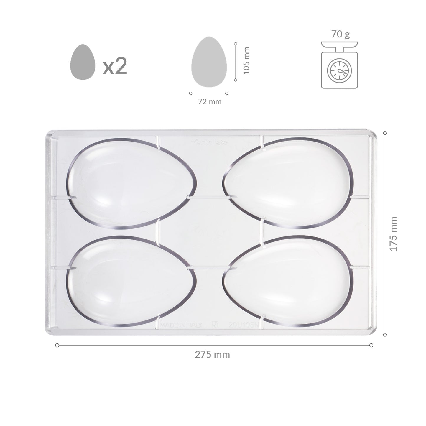 MOLDE POLICARBONATO PARA 2 HUEVOS 70GR 72X105MM | 4 MITADES