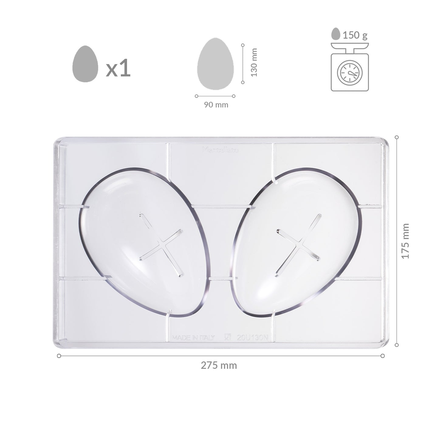 MOLDE POLICARBONATO PARA 1 HUEVO 150GR 90X130MM | 2 MITADES