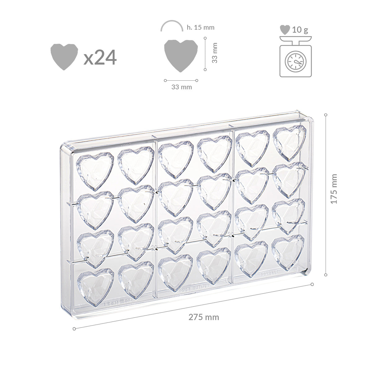 POLYCARBONATE MOULD HEART DIAMOND 33X33H15MM | 24 PCS