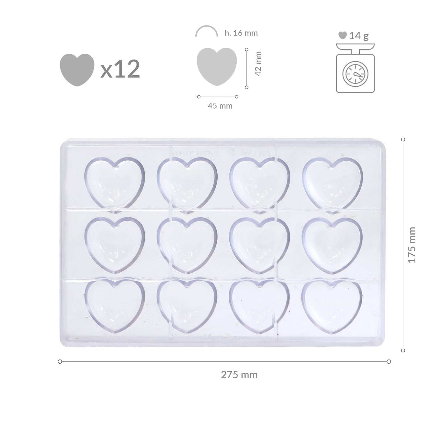 MOLDE POLICARBONATO CORAZÓN 45X42H16MM | 12 PIEZAS
