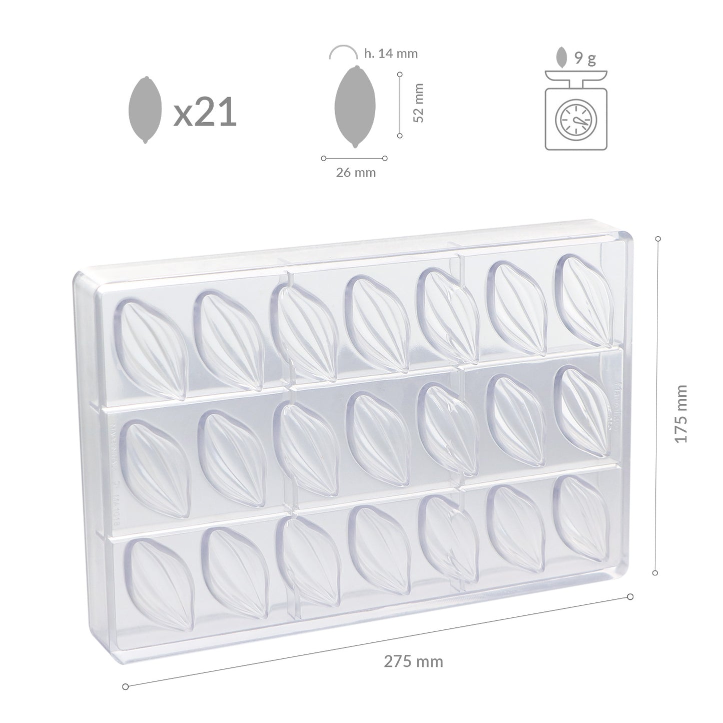 MOULE POLYCARBONATE CHOCOLAT THEOBROMA 52X26H14MM | 21 PCS