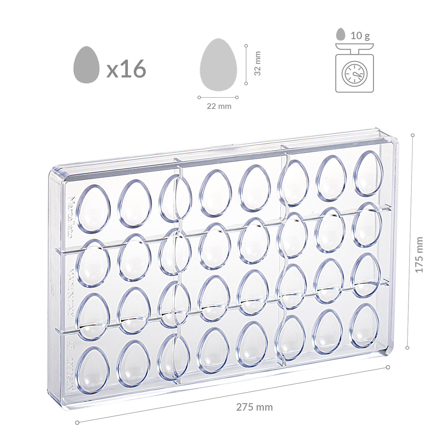 MOLDE POLICARBONATO PARA 16 HUEVOS 7GR 22X32MM | 32 PZS