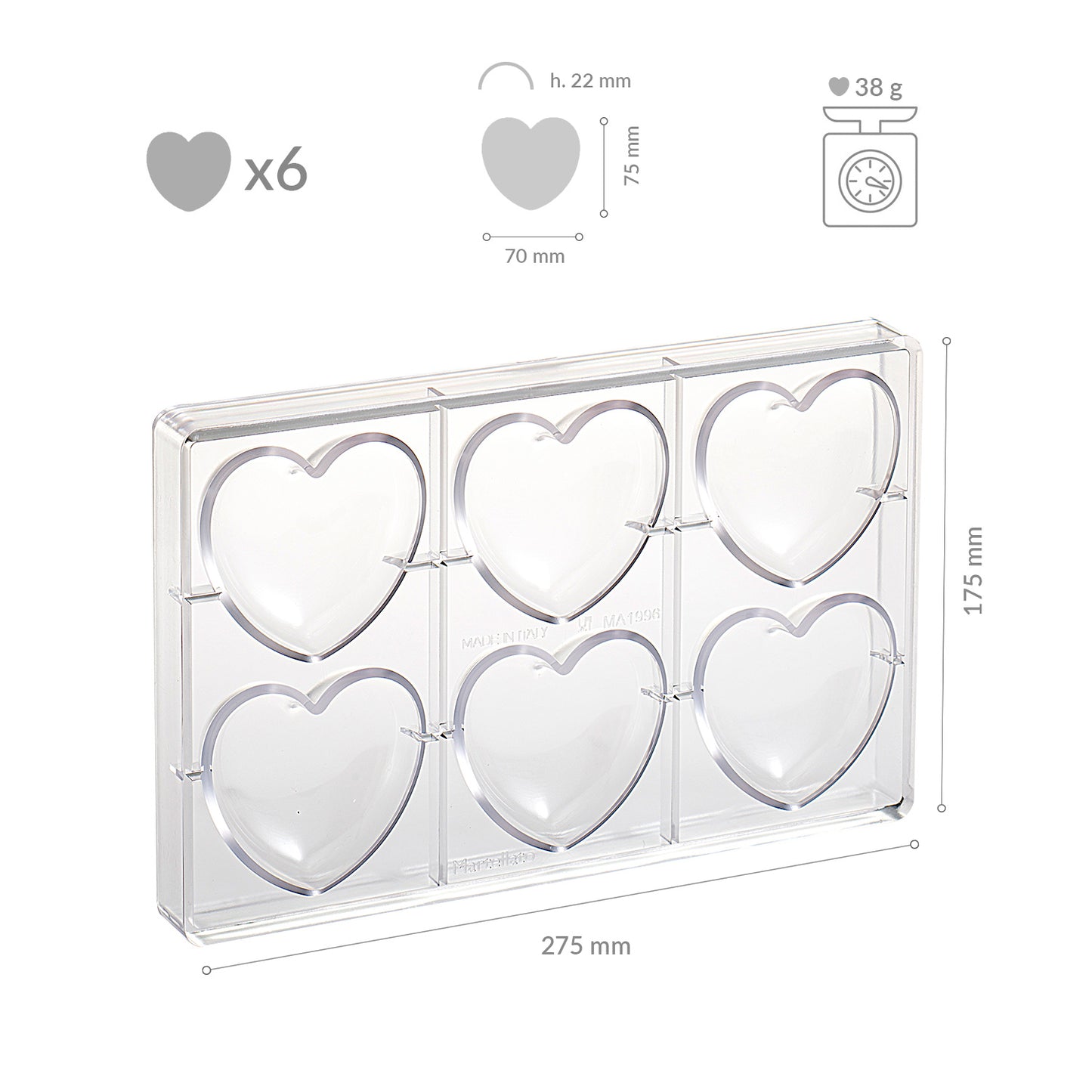 MOLDE POLICARBONATO CORAZÓN GRANDE 75X70H22MM | 6PIEZAS
